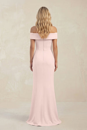 Sheath Off - the - Shoulder Satin Bridesmaid Dress With Slit in Pale Blush - KISS BRIDAL Bridesmaid Dresses