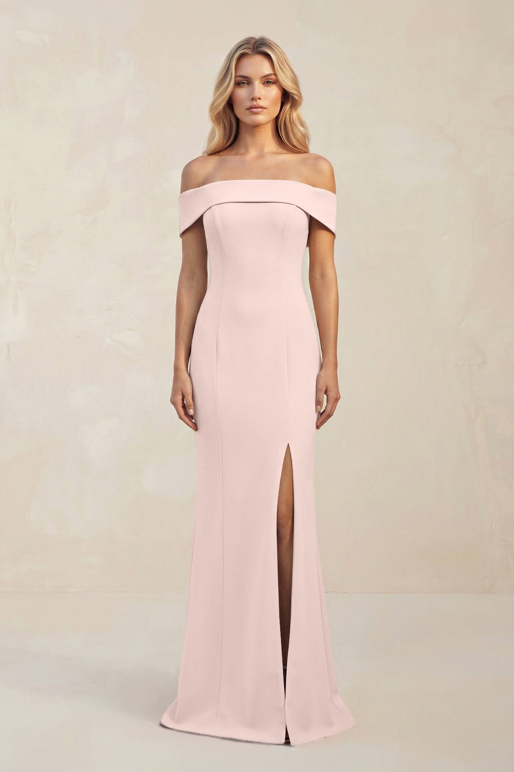 Sheath Off - the - Shoulder Satin Bridesmaid Dress With Slit in Pale Blush - KISS BRIDAL Bridesmaid Dresses