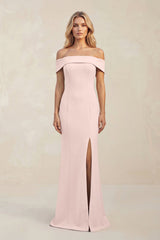 Sheath Off - the - Shoulder Satin Bridesmaid Dress With Slit in Pale Blush - KISS BRIDAL Bridesmaid Dresses