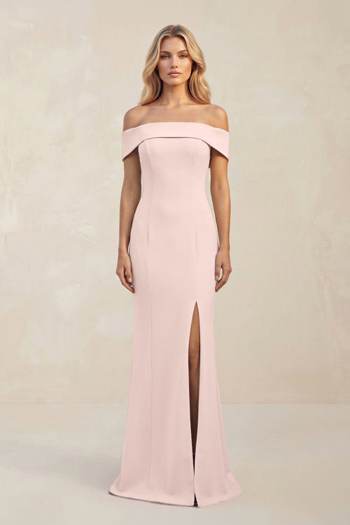 Sheath Off - the - Shoulder Satin Bridesmaid Dress With Slit in Pale Blush - KISS BRIDAL Bridesmaid Dresses