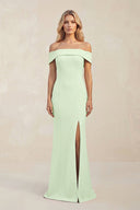 Sheath Off - the - Shoulder Satin Bridesmaid Dress With Slit in Pale Pistachio - KISS BRIDAL Bridesmaid Dresses