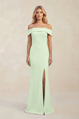 Sheath Off - the - Shoulder Satin Bridesmaid Dress With Slit in Pale Pistachio - KISS BRIDAL Bridesmaid Dresses