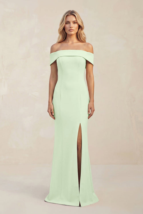 Sheath Off - the - Shoulder Satin Bridesmaid Dress With Slit in Pale Pistachio - KISS BRIDAL Bridesmaid Dresses