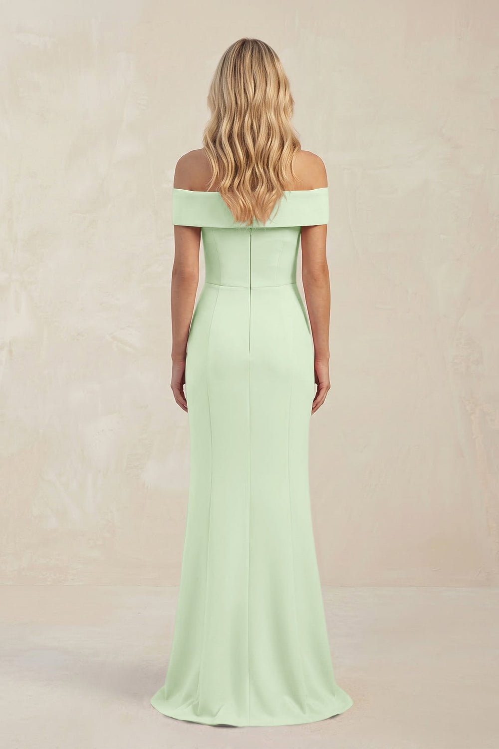 Sheath Off - the - Shoulder Satin Bridesmaid Dress With Slit in Pale Pistachio - KISS BRIDAL Bridesmaid Dresses