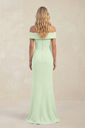 Sheath Off - the - Shoulder Satin Bridesmaid Dress With Slit in Pale Pistachio - KISS BRIDAL Bridesmaid Dresses