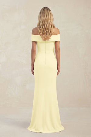 Sheath Off - the - Shoulder Satin Bridesmaid Dress With Slit in Pastel Yellow - KISS BRIDAL Bridesmaid Dresses