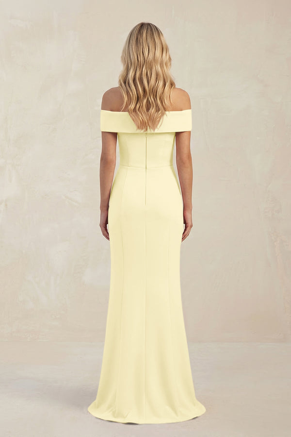Sheath Off - the - Shoulder Satin Bridesmaid Dress With Slit in Pastel Yellow - KISS BRIDAL Bridesmaid Dresses