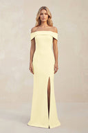 Sheath Off - the - Shoulder Satin Bridesmaid Dress With Slit in Pastel Yellow - KISS BRIDAL Bridesmaid Dresses