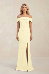 Sheath Off - the - Shoulder Satin Bridesmaid Dress With Slit in Pastel Yellow - KISS BRIDAL Bridesmaid Dresses