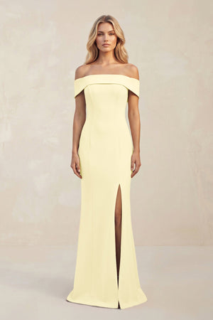 Sheath Off - the - Shoulder Satin Bridesmaid Dress With Slit in Pastel Yellow - KISS BRIDAL Bridesmaid Dresses