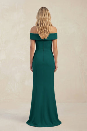 Sheath Off - the - Shoulder Satin Bridesmaid Dress With Slit in Pine - KISS BRIDAL Bridesmaid Dresses