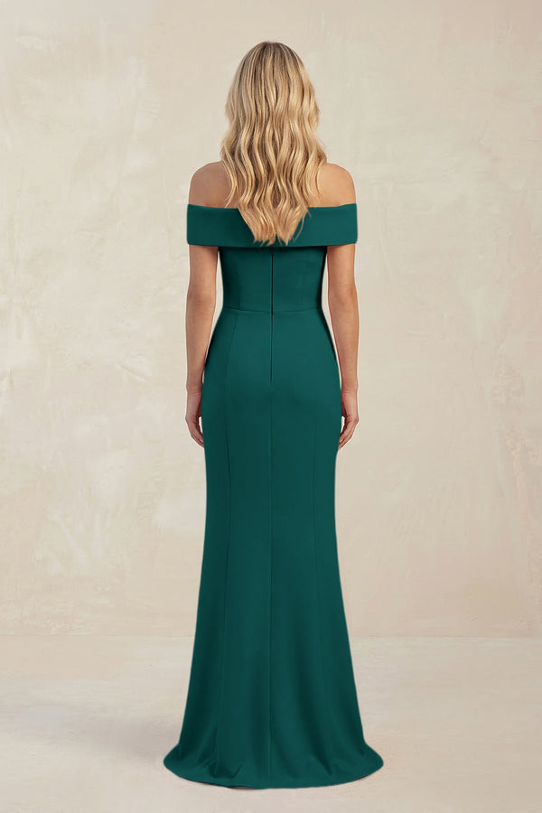 Sheath Off - the - Shoulder Satin Bridesmaid Dress With Slit in Pine - KISS BRIDAL Bridesmaid Dresses