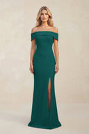 Sheath Off - the - Shoulder Satin Bridesmaid Dress With Slit in Pine - KISS BRIDAL Bridesmaid Dresses
