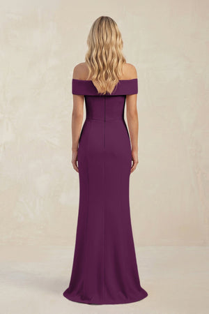 Sheath Off - the - Shoulder Satin Bridesmaid Dress With Slit in Plum - KISS BRIDAL Bridesmaid Dresses