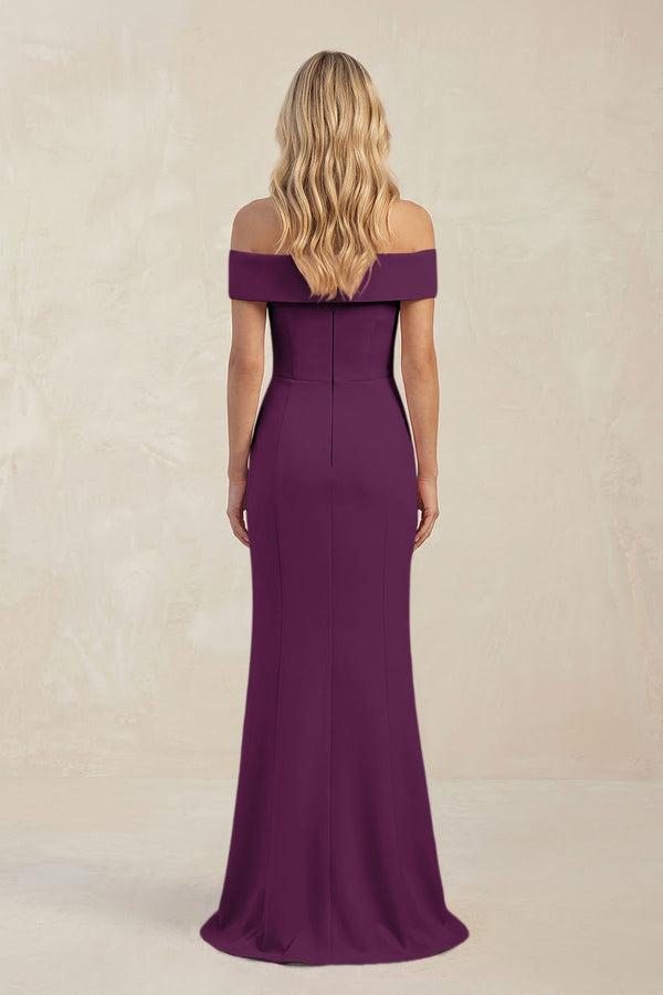Sheath Off - the - Shoulder Satin Bridesmaid Dress With Slit in Plum - KISS BRIDAL Bridesmaid Dresses