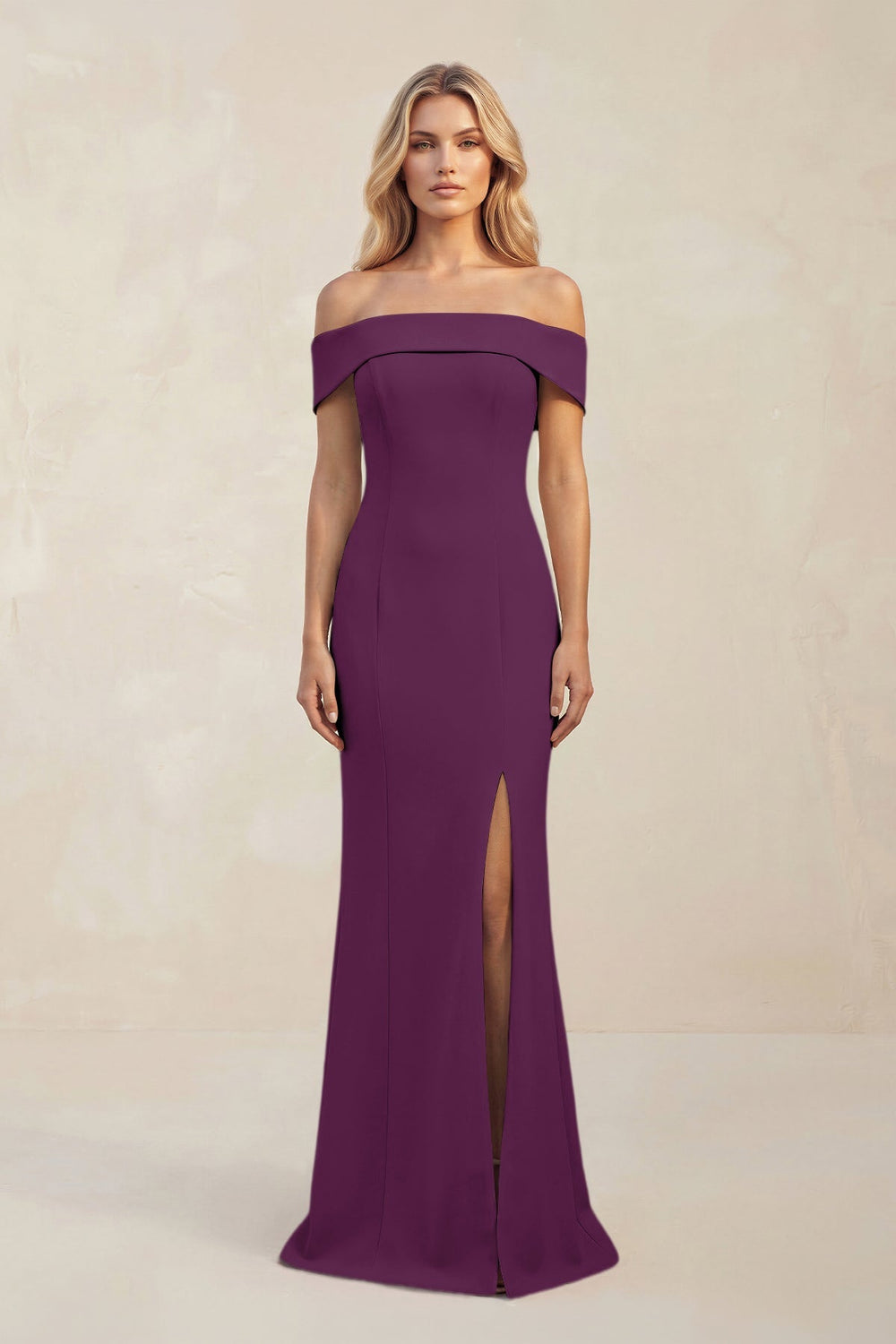 Sheath Off - the - Shoulder Satin Bridesmaid Dress With Slit in Plum - KISS BRIDAL Bridesmaid Dresses