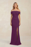 Sheath Off - the - Shoulder Satin Bridesmaid Dress With Slit in Plum - KISS BRIDAL Bridesmaid Dresses