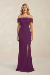 Sheath Off - the - Shoulder Satin Bridesmaid Dress With Slit in Plum - KISS BRIDAL Bridesmaid Dresses