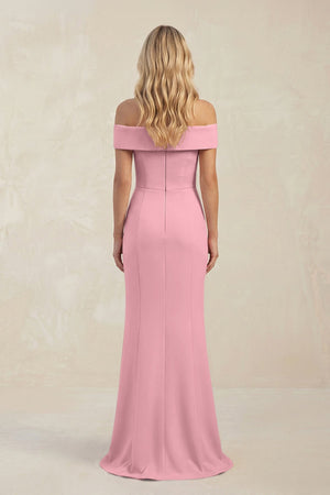 Sheath Off - the - Shoulder Satin Bridesmaid Dress With Slit in Rosette - KISS BRIDAL Bridesmaid Dresses