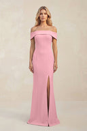 Sheath Off - the - Shoulder Satin Bridesmaid Dress With Slit in Rosette - KISS BRIDAL Bridesmaid Dresses