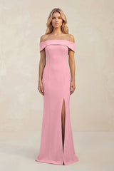 Sheath Off - the - Shoulder Satin Bridesmaid Dress With Slit in Rosette - KISS BRIDAL Bridesmaid Dresses