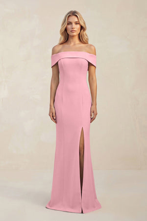Sheath Off - the - Shoulder Satin Bridesmaid Dress With Slit in Rosette - KISS BRIDAL Bridesmaid Dresses