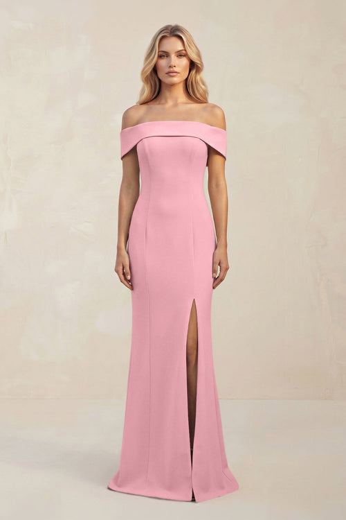 Sheath Off - the - Shoulder Satin Bridesmaid Dress With Slit in Rosette - KISS BRIDAL Bridesmaid Dresses