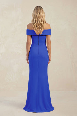 Sheath Off - the - Shoulder Satin Bridesmaid Dress With Slit in Royal Blue - KISS BRIDAL Bridesmaid Dresses