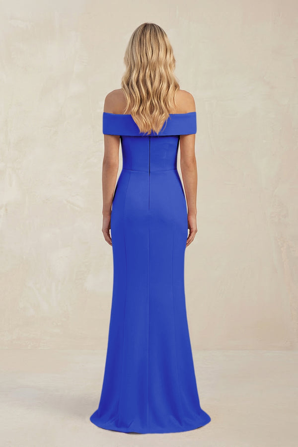 Sheath Off - the - Shoulder Satin Bridesmaid Dress With Slit in Royal Blue - KISS BRIDAL Bridesmaid Dresses