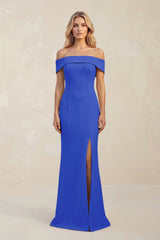 Sheath Off - the - Shoulder Satin Bridesmaid Dress With Slit in Royal Blue - KISS BRIDAL Bridesmaid Dresses