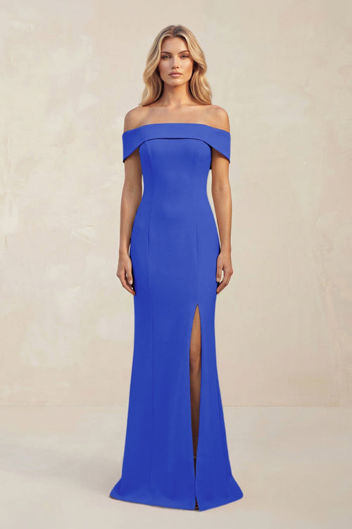 Sheath Off - the - Shoulder Satin Bridesmaid Dress With Slit in Royal Blue - KISS BRIDAL Bridesmaid Dresses