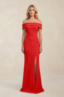 Sheath Off - the - Shoulder Satin Bridesmaid Dress With Slit in Ruby Red - KISS BRIDAL Bridesmaid Dresses