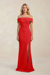 Sheath Off - the - Shoulder Satin Bridesmaid Dress With Slit in Ruby Red - KISS BRIDAL Bridesmaid Dresses