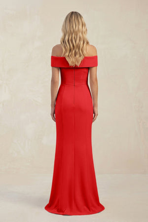 Sheath Off - the - Shoulder Satin Bridesmaid Dress With Slit in Ruby Red - KISS BRIDAL Bridesmaid Dresses