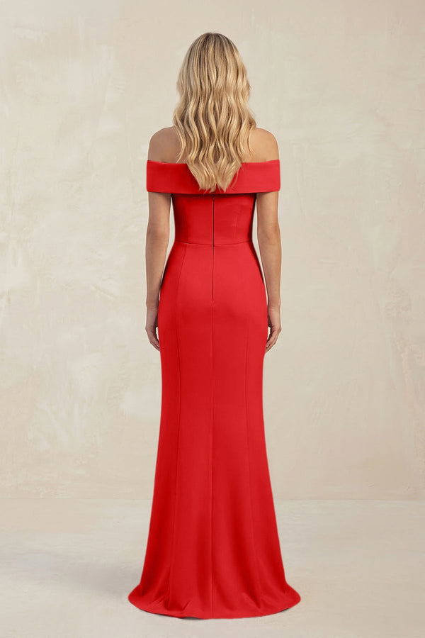 Sheath Off - the - Shoulder Satin Bridesmaid Dress With Slit in Ruby Red - KISS BRIDAL Bridesmaid Dresses
