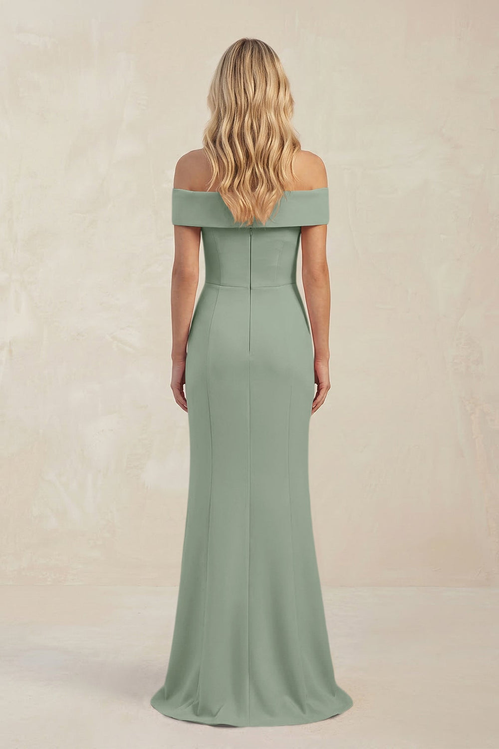 Sheath Off - the - Shoulder Satin Bridesmaid Dress With Slit in Sage - KISS BRIDAL Bridesmaid Dresses