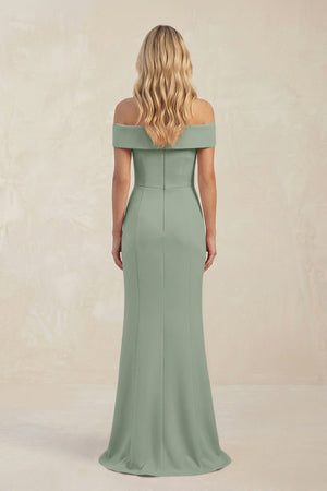 Sheath Off - the - Shoulder Satin Bridesmaid Dress With Slit in Sage - KISS BRIDAL Bridesmaid Dresses