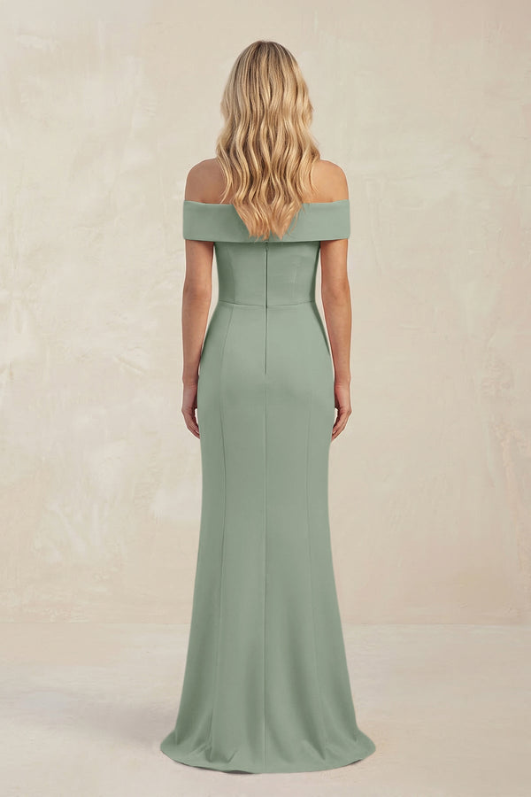 Sheath Off - the - Shoulder Satin Bridesmaid Dress With Slit in Sage - KISS BRIDAL Bridesmaid Dresses