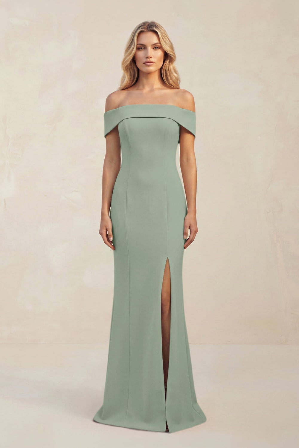 Sheath Off - the - Shoulder Satin Bridesmaid Dress With Slit in Sage - KISS BRIDAL Bridesmaid Dresses
