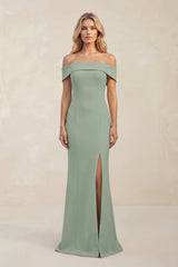 Sheath Off - the - Shoulder Satin Bridesmaid Dress With Slit in Sage - KISS BRIDAL Bridesmaid Dresses