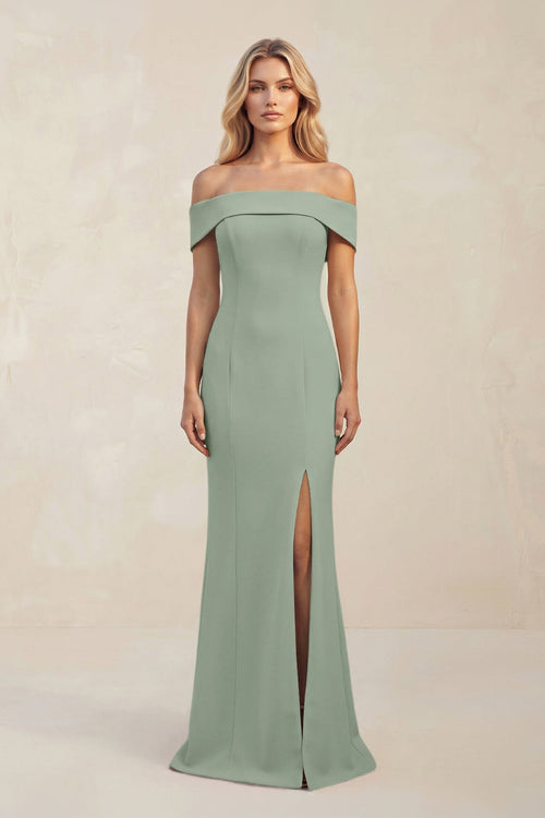 Sheath Off - the - Shoulder Satin Bridesmaid Dress With Slit in Sage - KISS BRIDAL Bridesmaid Dresses