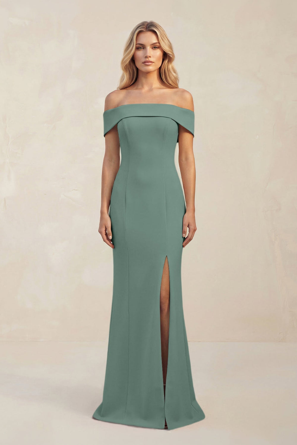 Sheath Off - the - Shoulder Satin Bridesmaid Dress With Slit in Sea Glass - KISS BRIDAL Bridesmaid Dresses