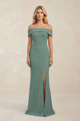 Sheath Off - the - Shoulder Satin Bridesmaid Dress With Slit in Sea Glass - KISS BRIDAL Bridesmaid Dresses