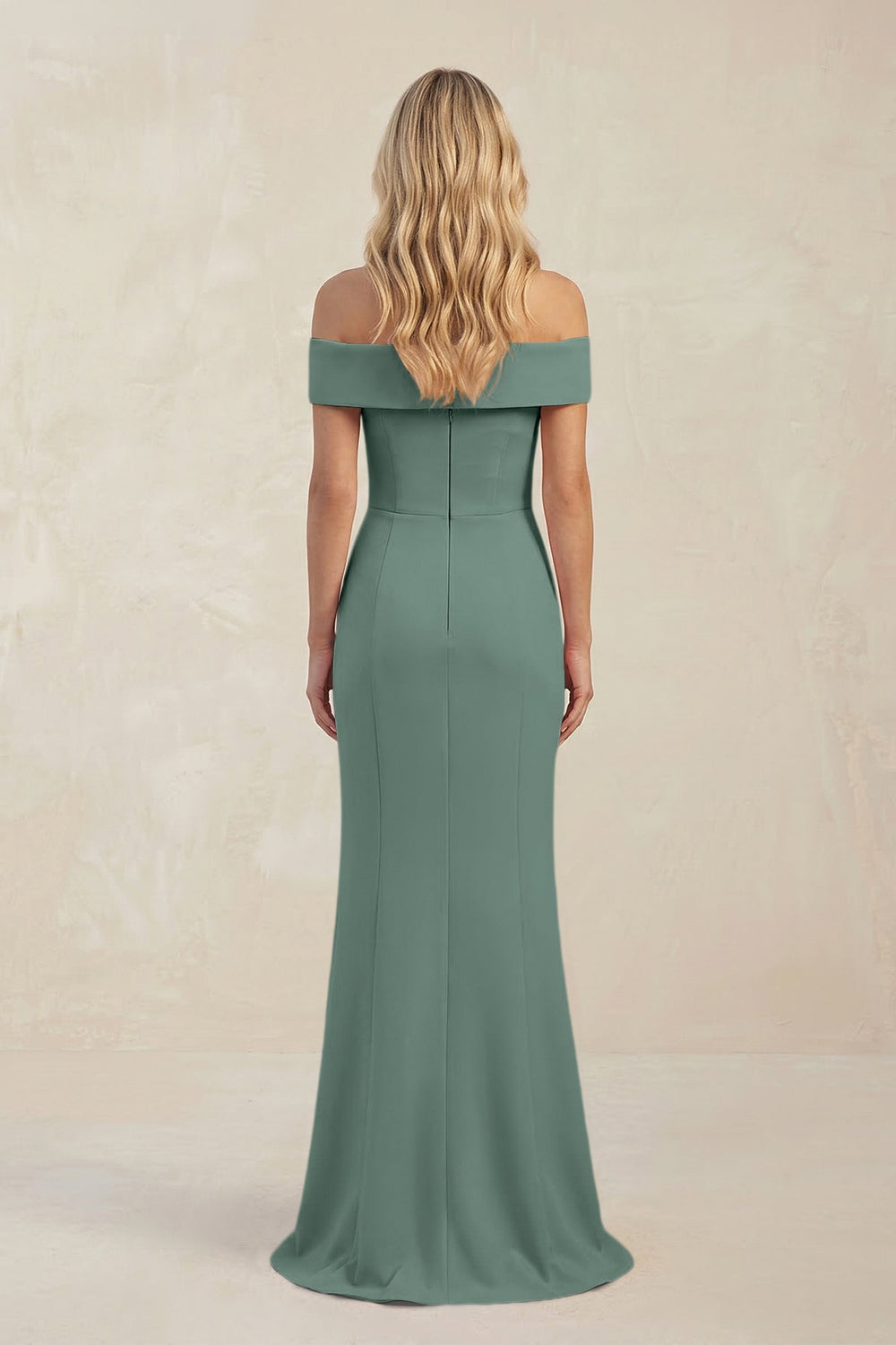 Sheath Off - the - Shoulder Satin Bridesmaid Dress With Slit in Sea Glass - KISS BRIDAL Bridesmaid Dresses