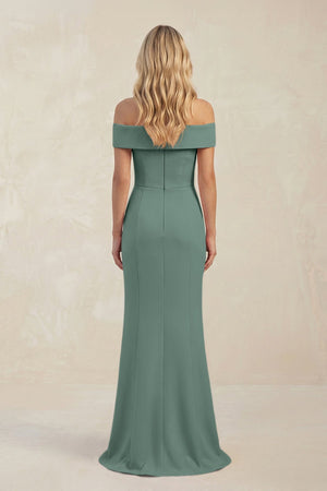 Sheath Off - the - Shoulder Satin Bridesmaid Dress With Slit in Sea Glass - KISS BRIDAL Bridesmaid Dresses