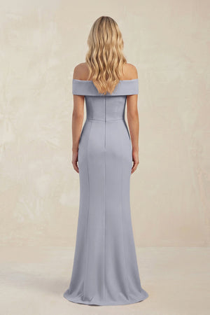 Sheath Off - the - Shoulder Satin Bridesmaid Dress With Slit in Silver - KISS BRIDAL Bridesmaid Dresses