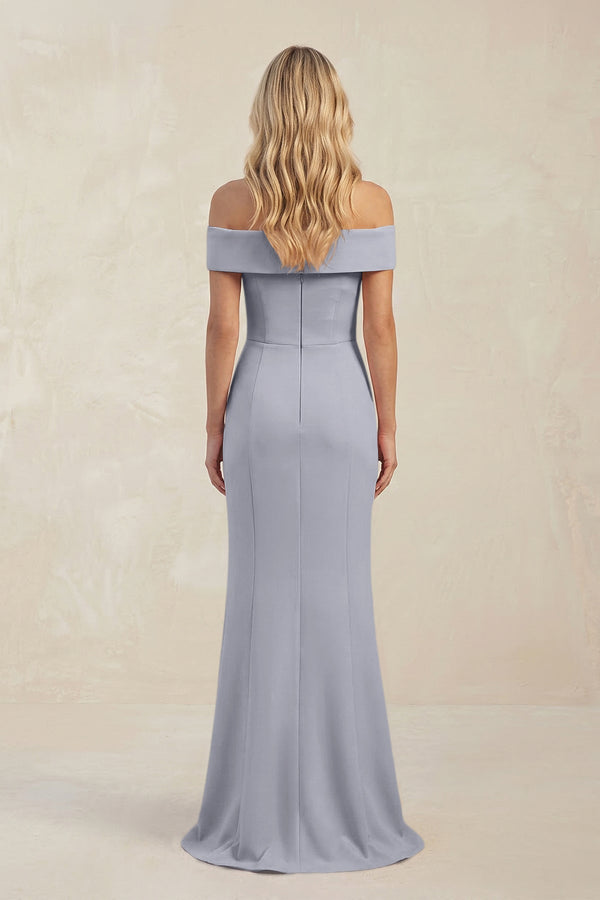 Sheath Off - the - Shoulder Satin Bridesmaid Dress With Slit in Silver - KISS BRIDAL Bridesmaid Dresses