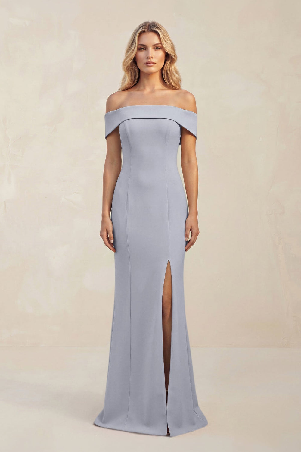 Sheath Off - the - Shoulder Satin Bridesmaid Dress With Slit in Silver - KISS BRIDAL Bridesmaid Dresses