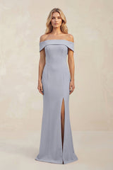 Sheath Off - the - Shoulder Satin Bridesmaid Dress With Slit in Silver - KISS BRIDAL Bridesmaid Dresses