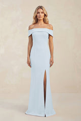 Sheath Off - the - Shoulder Satin Bridesmaid Dress With Slit in Sky Blue - KISS BRIDAL Bridesmaid Dresses